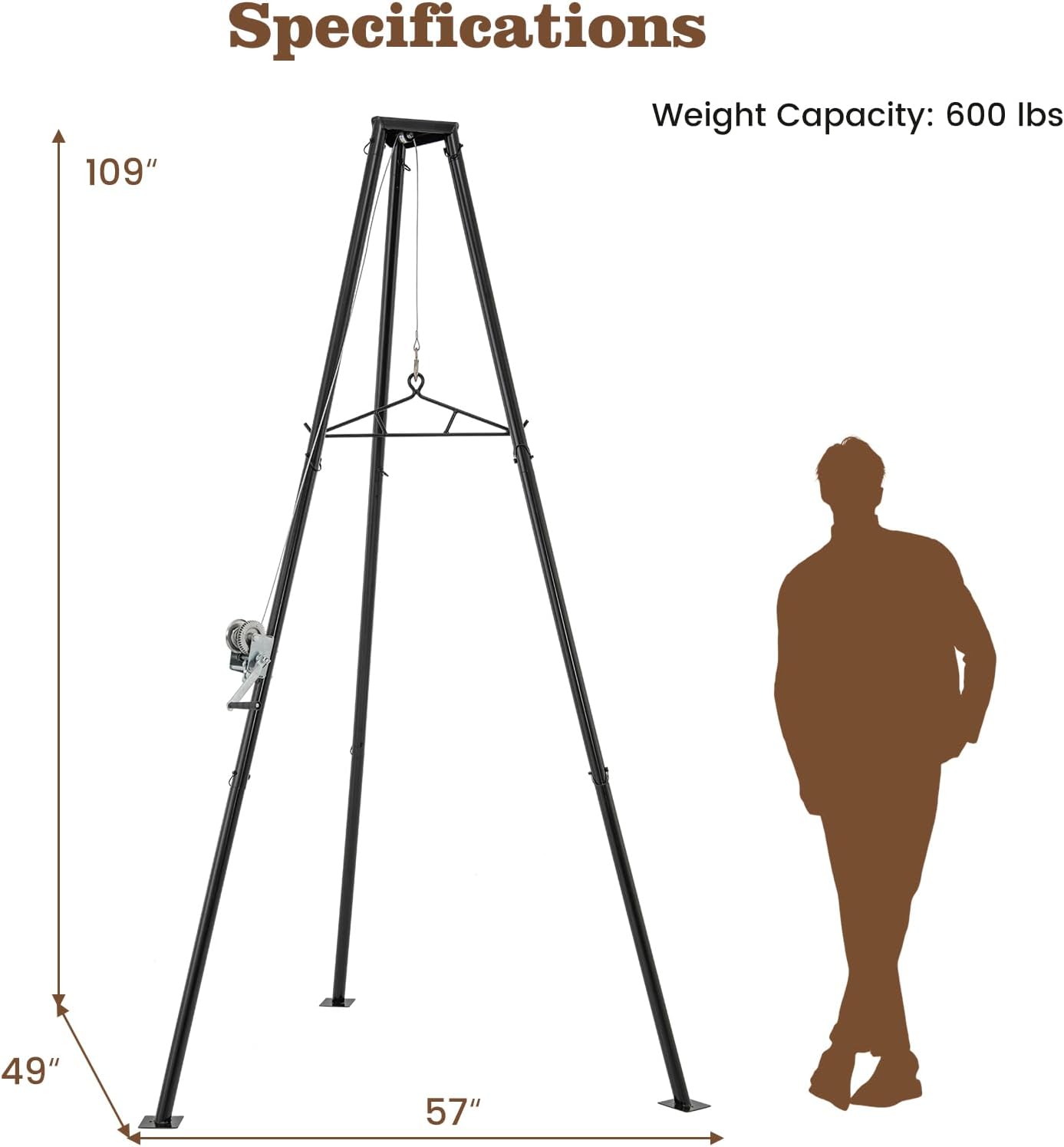 Moccha 600 LBS Tripod Game Hoist, Heavy-Duty Deer Hanger with Adjustable Gambrel & Manual Winch, Deer Hunting