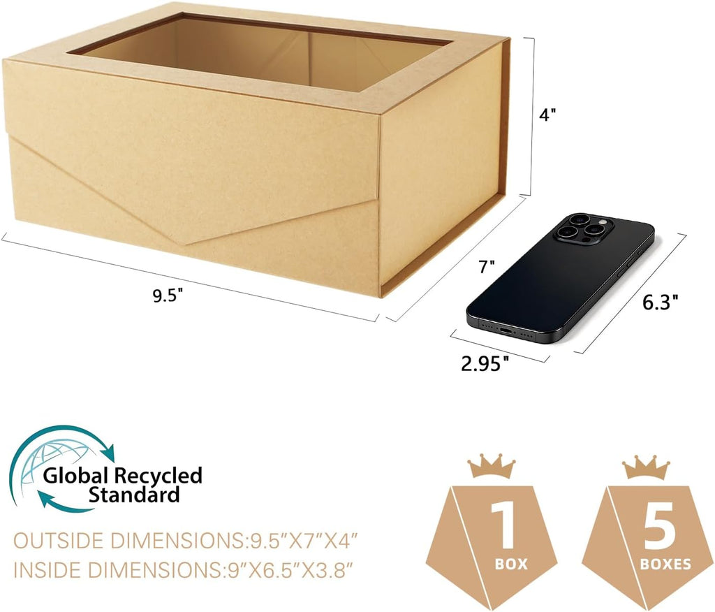 Kraft Clear Magnetic Lid Gift Box with Window 9x6.5x3.8 Inches
