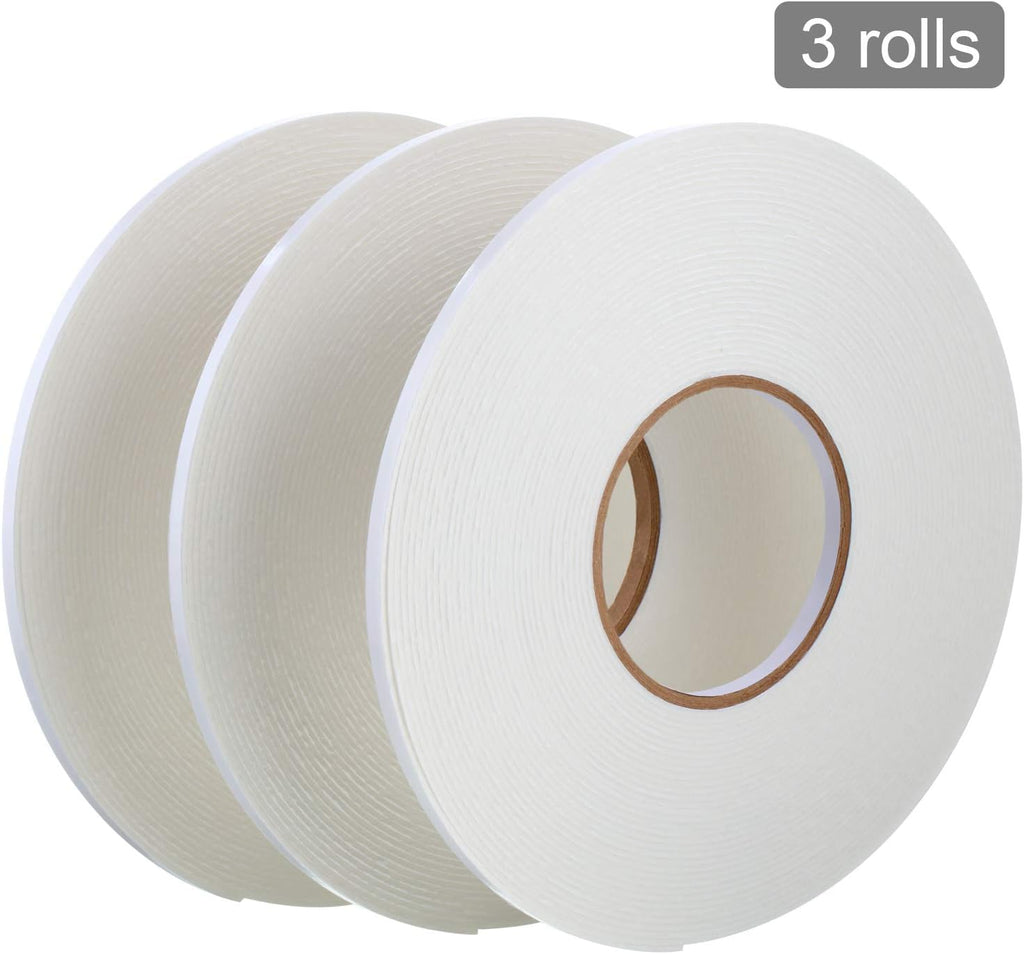 3 Rolls Double Sided Foam Tape, 1/4 Inch by 50 Feet, White