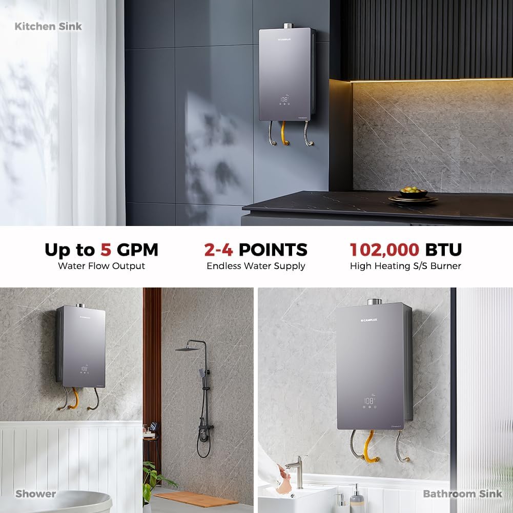 CAMPLUX Climatech 7 102000 BTU(Up to 113,000 BTU) Tankless Water Heater Propane Indoor, 4.22 GPM (Up to 5 GPM), On