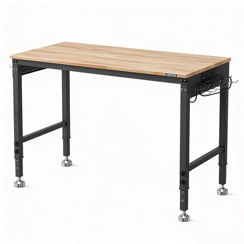 48 x 24 Inch Workbench, 6-Level Adjustable Height, 2000 lb Load Capacity, with Solid Rubberwood Top, ETL Power