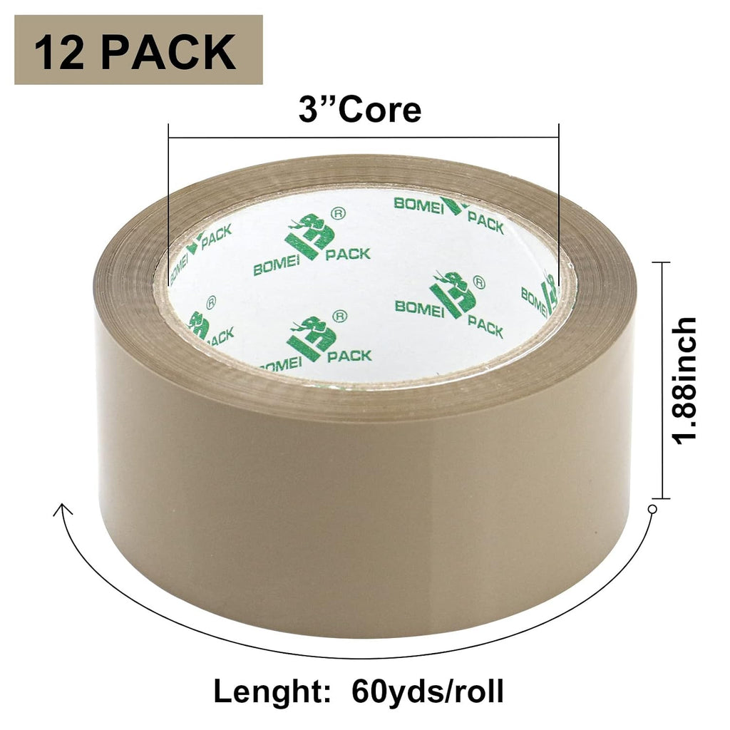 Brown Packing Tape Refills, Heavy Duty 12Rolls with 1 Dispenser for Packaging, Shipping and Moving, 2.4Mil 1.88 Inch
