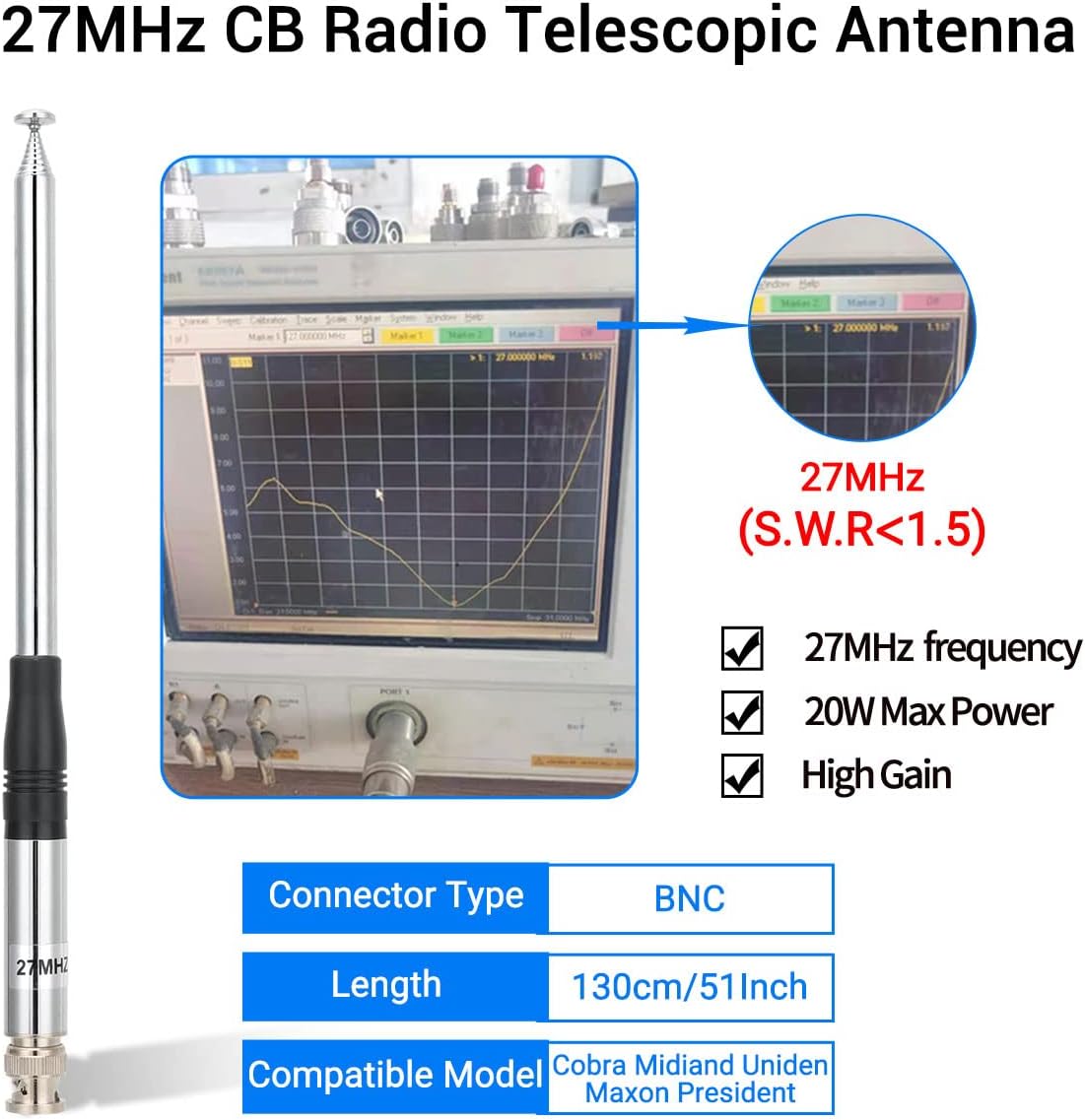 27Mhz CB Antenna 9-Inch to 51-inch Telescopic/Rod HT Antennas for Handheld CB Radio with BNC Connector Compatible