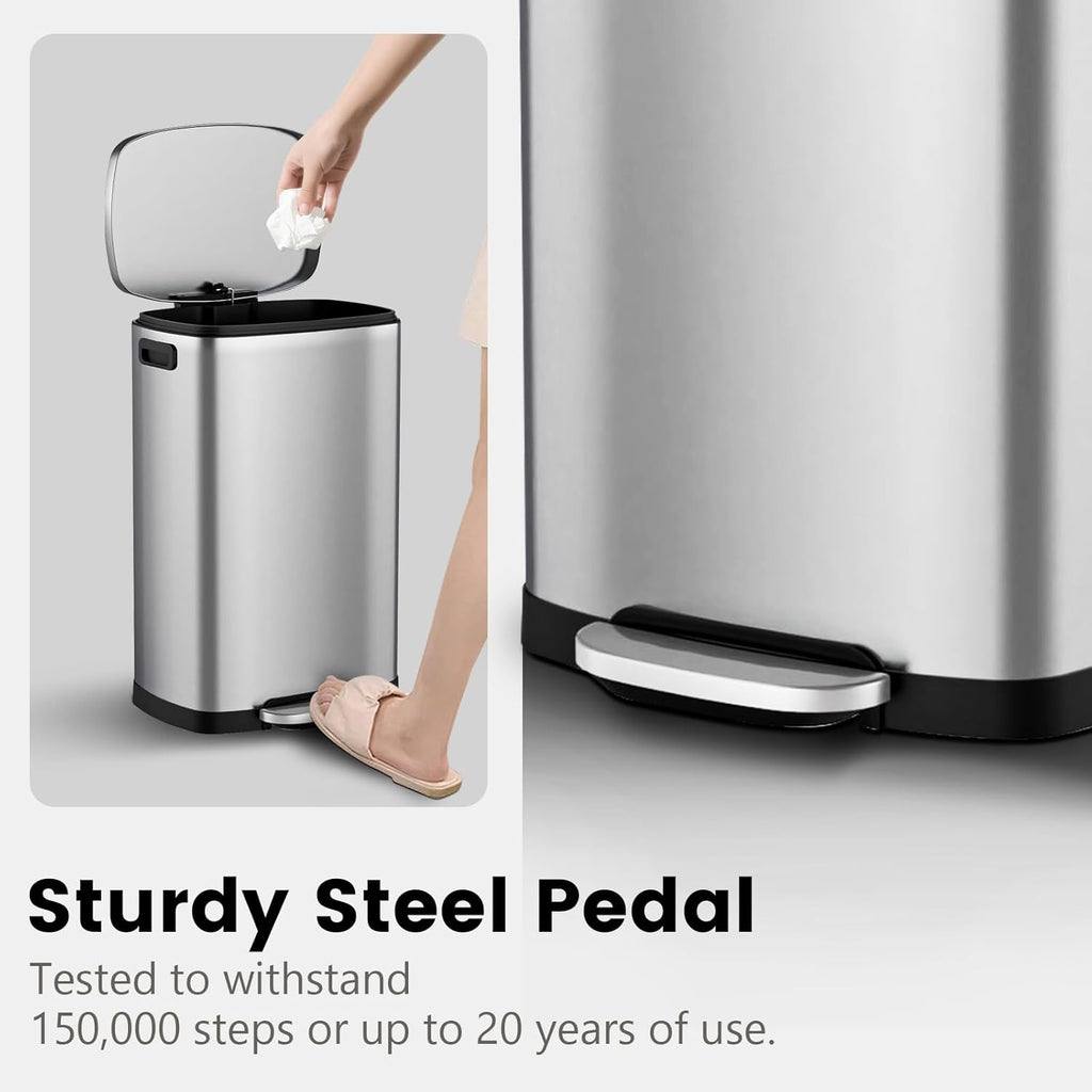 Kitchen Trash Can with Lid Soft Close,13 Gallon / 50L Stainless Steel Pedal Garbage Can, Heavy-Duty Fingerprint Proof