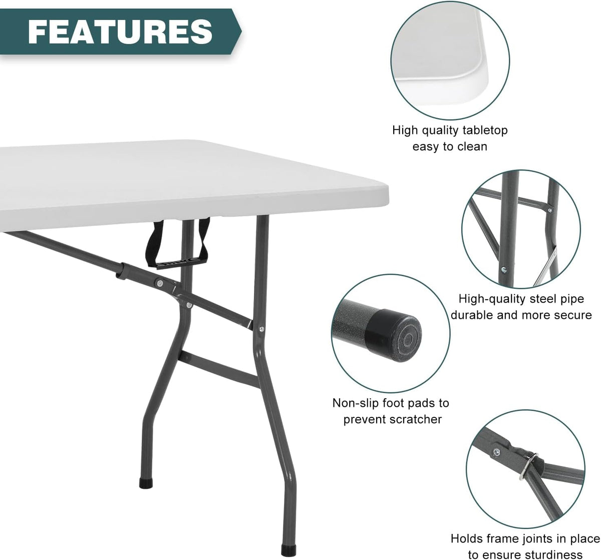 6FT Folding Table | White | Portable Plastic Table