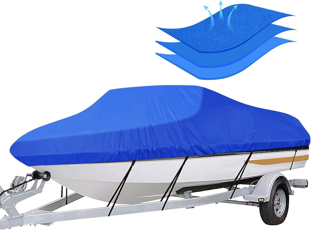 iCOVER Trailerable Boat Cover- 14'-16' Heavy Duty Waterproof Tarp Covers, Fits V-Hull, Fish&Ski, Pro-Style, Fishing