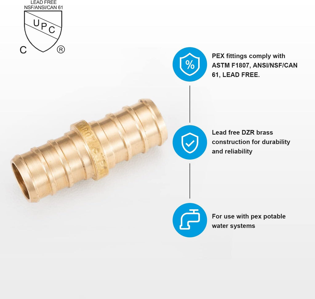 WMAXPFIT(20 Pack) 1/2 Inch PEX Coupling F1807, LF Brass crimp fitting for PEX-b pipe