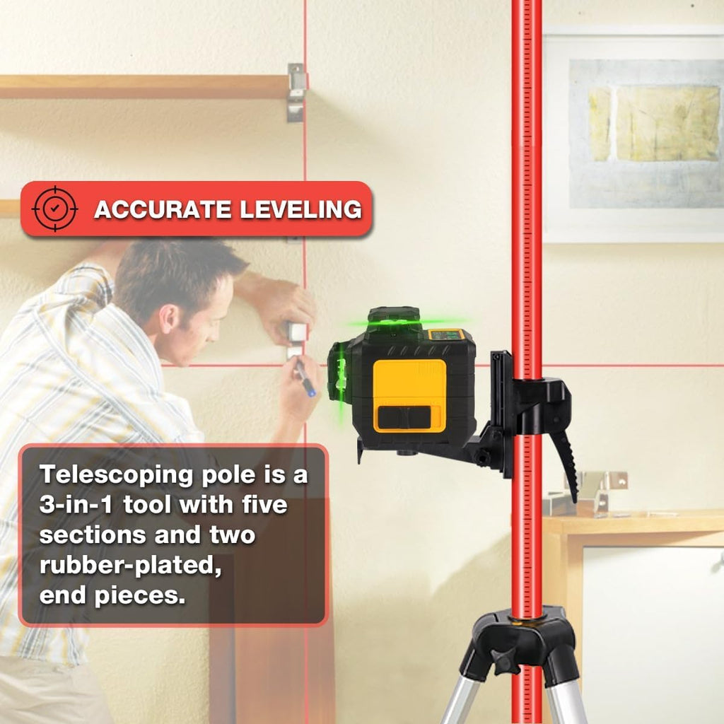 12 Ft./3.7M Telescoping Laser Level Pole, Adjustable Laser Pole with Tripod, 1/4"-20 and 5/8"-11 Threaded Adapter of
