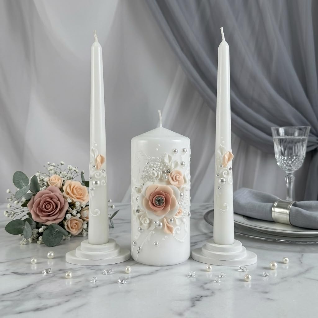 Blush Blossom Unity Candle Set for Wedding Ceremony, White & Blush Pink Handmade Wedding Candles, Unscented 6" Pillar