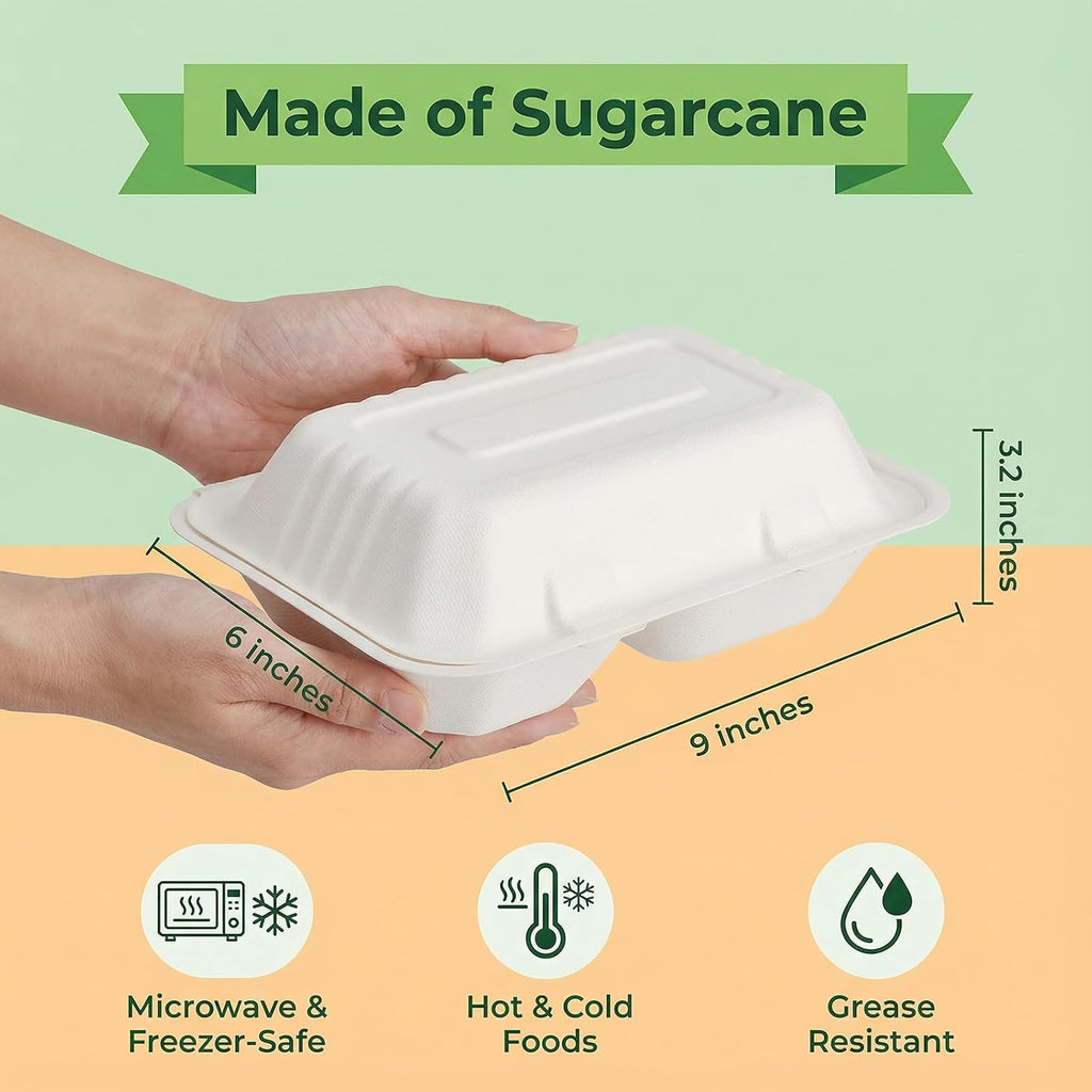 90 Pack 2-Compartment Clamshell Take Out Containers, 9" x 6" Compostable Hinged Food Containers Disposable Bagasse To