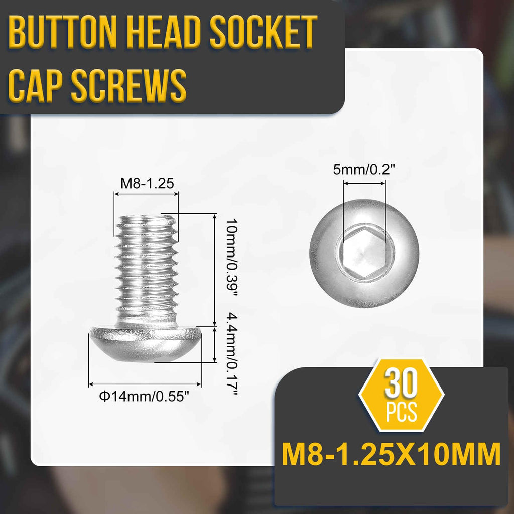 DTGN M8-1.25x10mm Button Head Socket Cap Screw 30Pack 304 SS Whitewashed