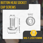 DTGN M8-1.25x10mm Button Head Socket Cap Screw 30Pack 304 SS Whitewashed