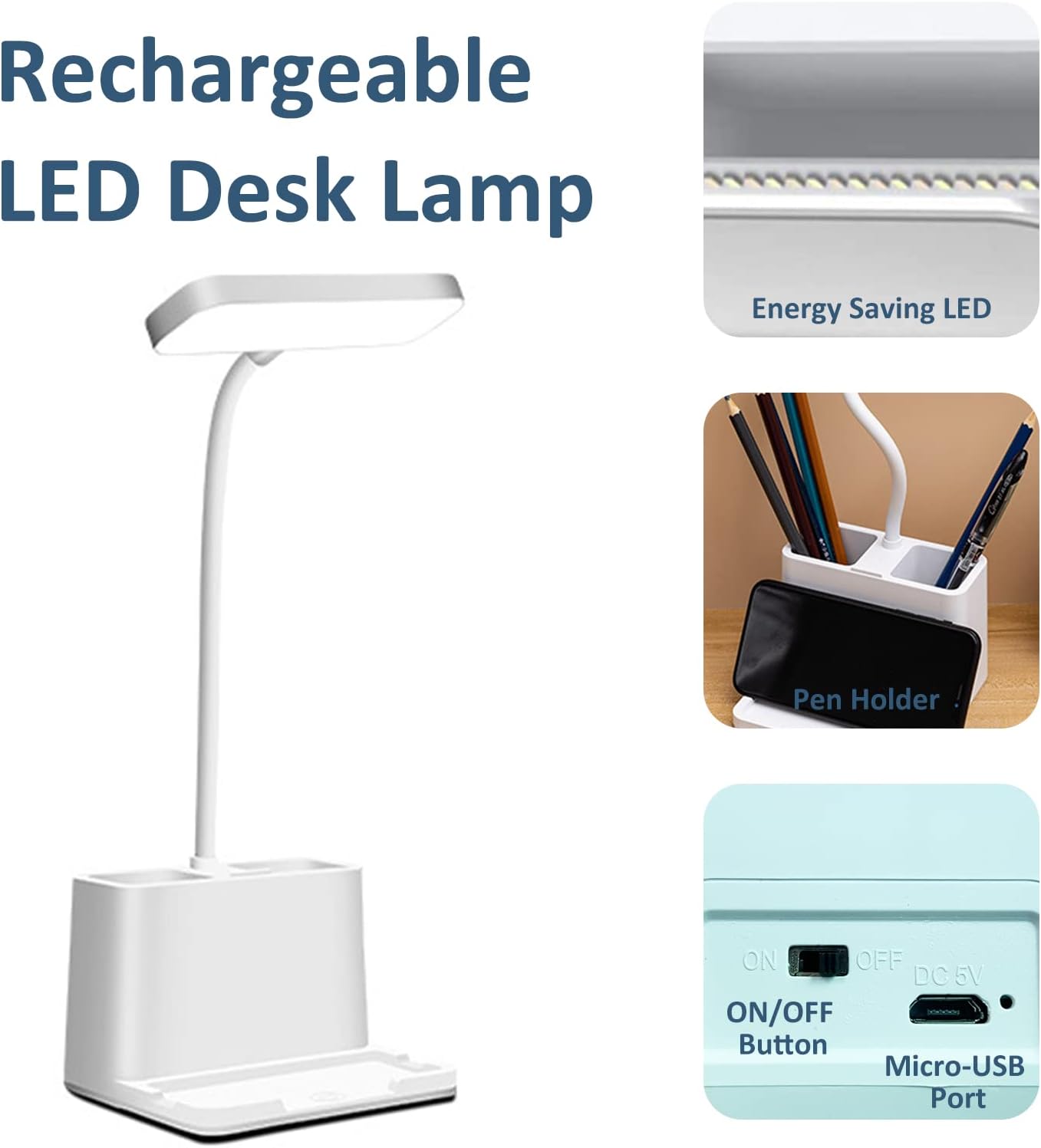 LED Small Desk Lamp with Pen Holder/Phone Holder Function, Rechargeable Desk Light with Flexible Gooseneck, 3 Modes