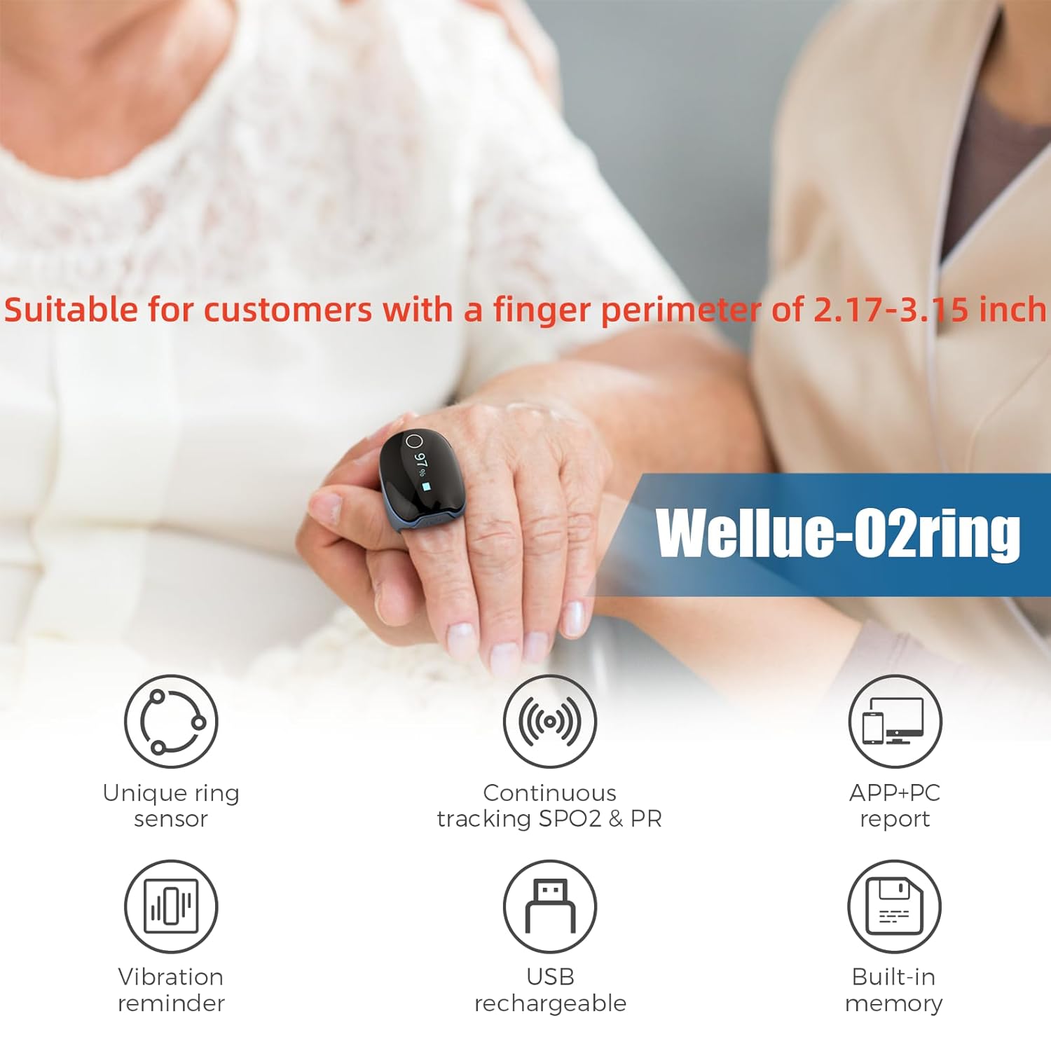 O2Ring Oxygen Monitor with Vibration Reminder -Bluetooth O2 Pulse Oximeter Rechargeable, Continuous Recording of SpO2