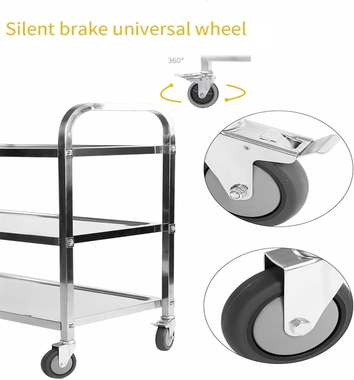 3 Tier Kitchen Rolling Cart, Stainless Steel, L30 x W16 x H33 Inch