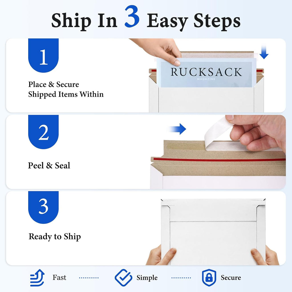 50 Pack White Rigid Mailers, 9"x12" Self Seal Document Mailer Stay Flat Cardboard Mailers Shipping Envelopes for