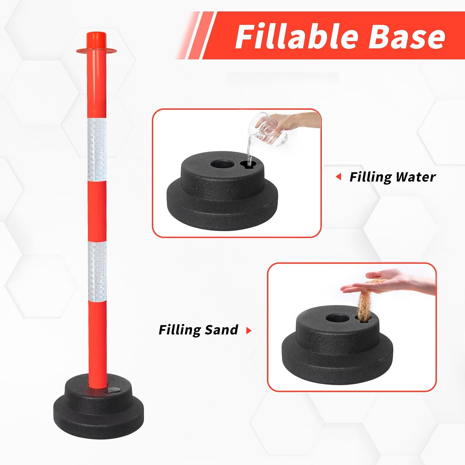Traffic Delineator Posts with Weighted Base & Reflective Collar, 35'' Red Safety Stanchions Cones with 5FT Plastic S