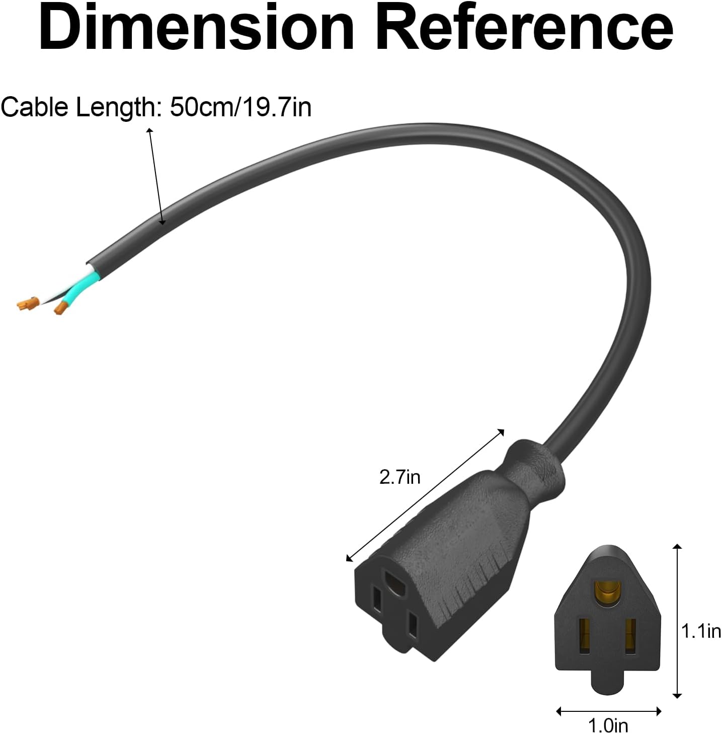 50cm Female Connector Extension Cord 125V 15A 2-Pole 3-Wire Female Straight Blade Outlet with AWG14 Cable, Includes 5