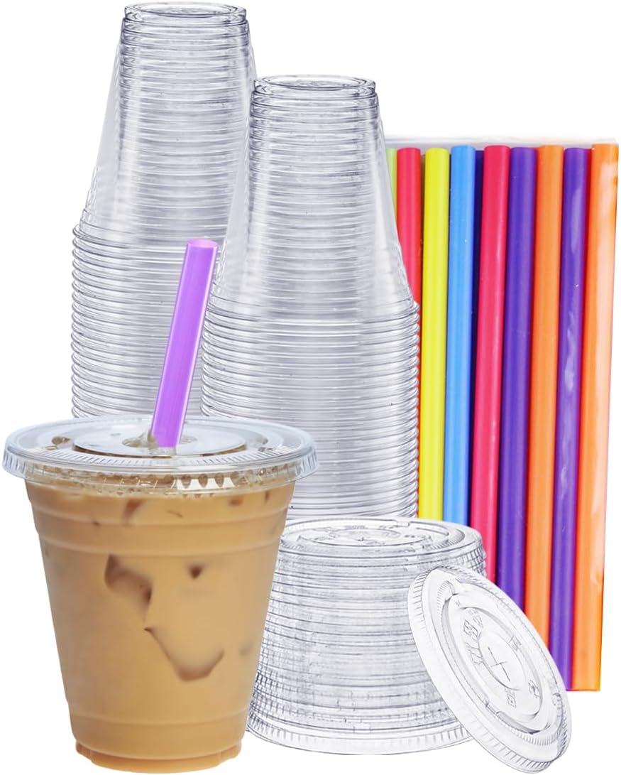 [12 oz. - 100 Count Clear Cups with Flat Lids & Straws - Disposable Clear Drinking Cups for Iced Coffee, Cold Drinks