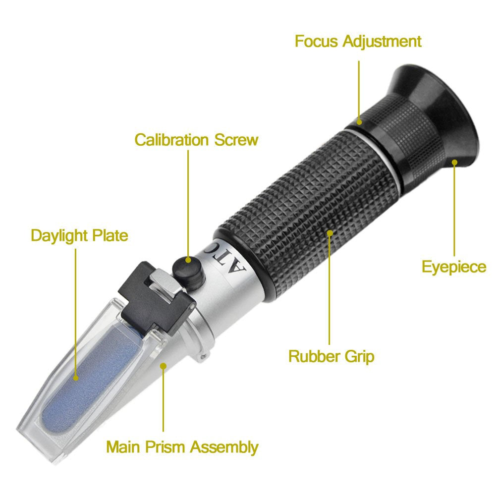 Brix Refractometer with ATC, Dual Scale - Specific Gravity & Brix, Hydrometer in Wine Making and Beer Brewing