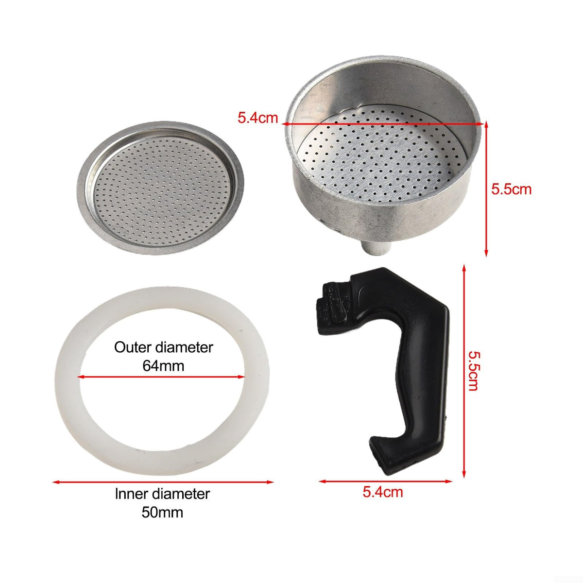 Replacement Set For Espresso Coffee Moka Pot Handle, Gasket, Funnel, Filter(3 Cup)