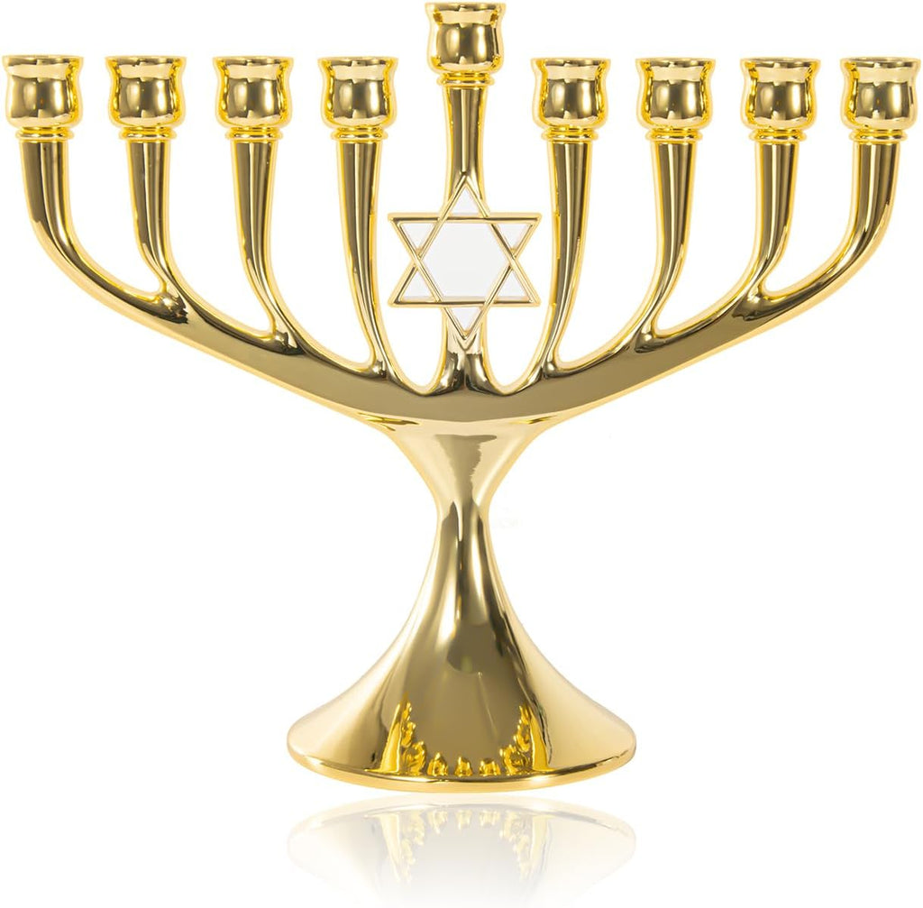 Hanukkah Menorah Upgrade Cups with Built-in Pins, Star of David Candle Holders 9 Branches Gold Plated Candlesticks