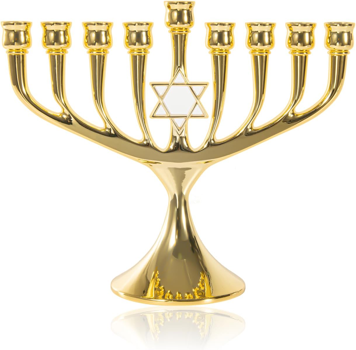 Hanukkah Menorah Upgrade Cups with Built-in Pins, Star of David Candle Holders 9 Branches Gold Plated Candlesticks