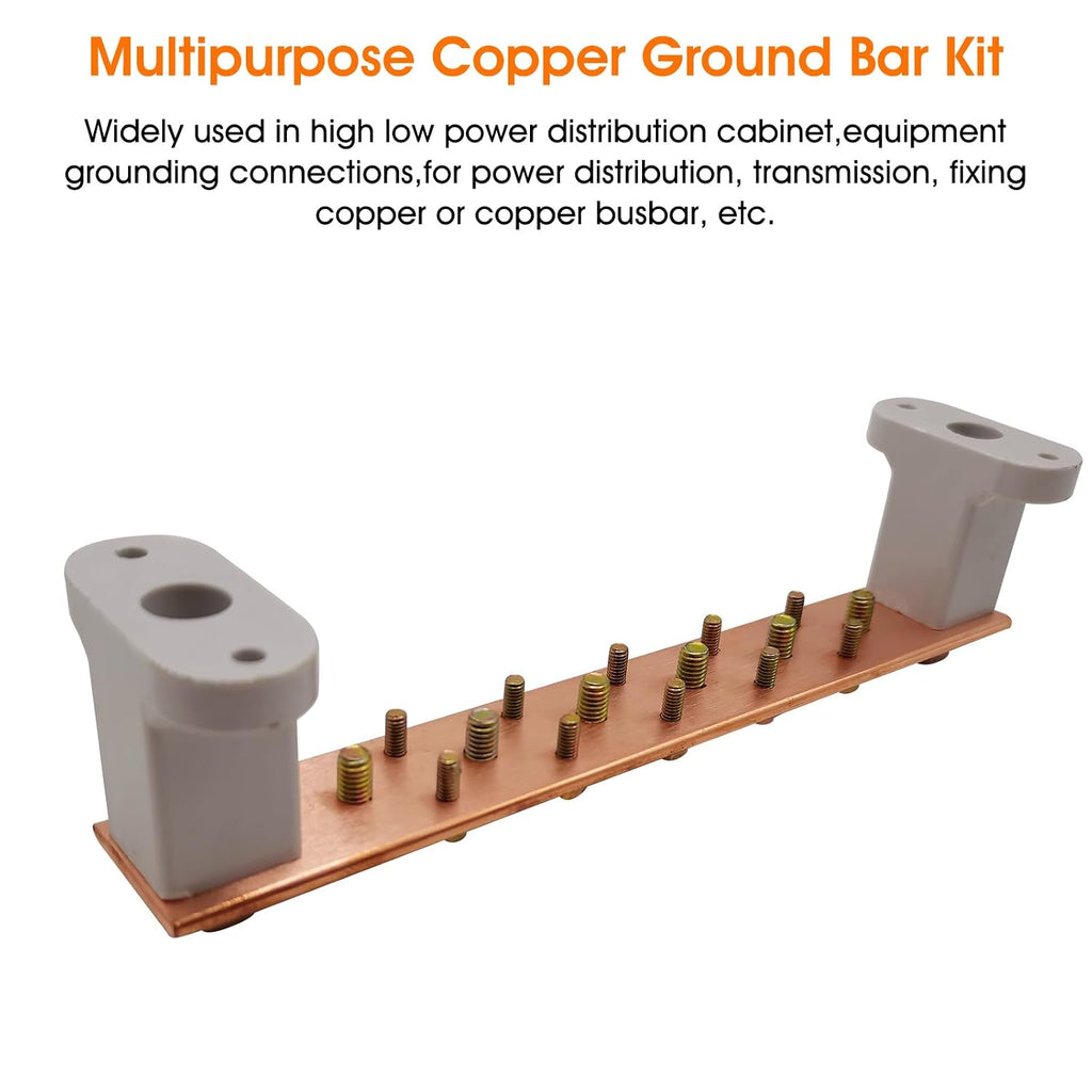 Copper Grounding Bar Kit, 7.8" Copper Bus Bar Ground Bus Bar with 16 Terminal Positions and UL Material BusBar Insulator T Posts