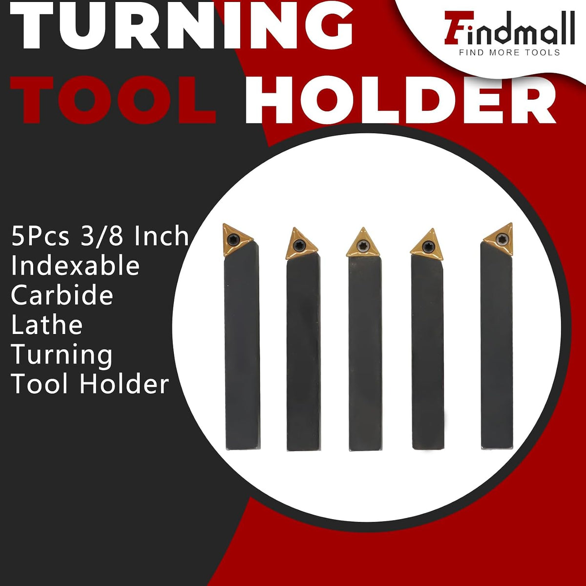 findmall 5Pcs 3/8″ Indexable Carbide Lathe Turning Tool Holder Kit