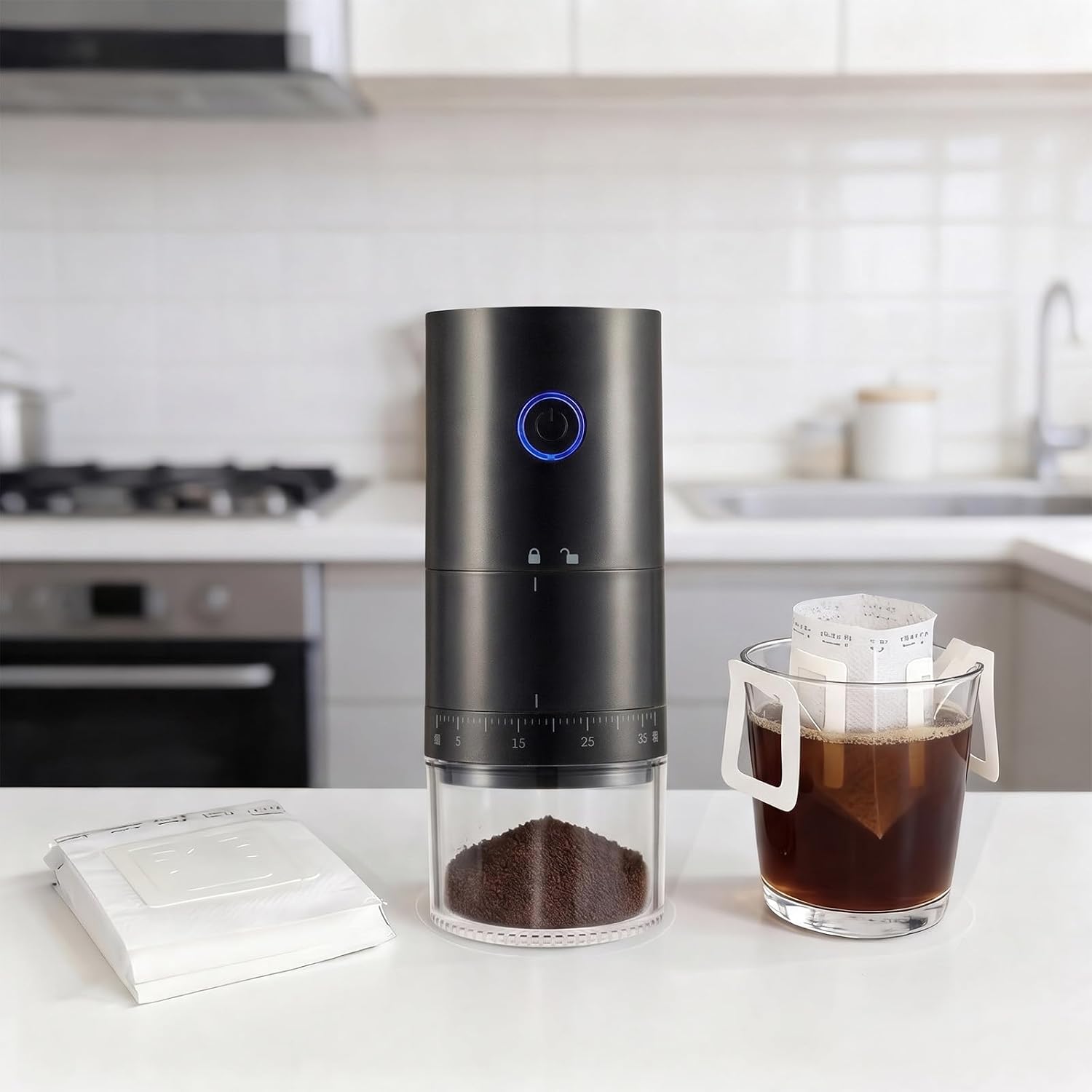 Portable Electric Burr Coffee Grinder, External Adjust, Rechargeable | 10 Drip Coffee Filter