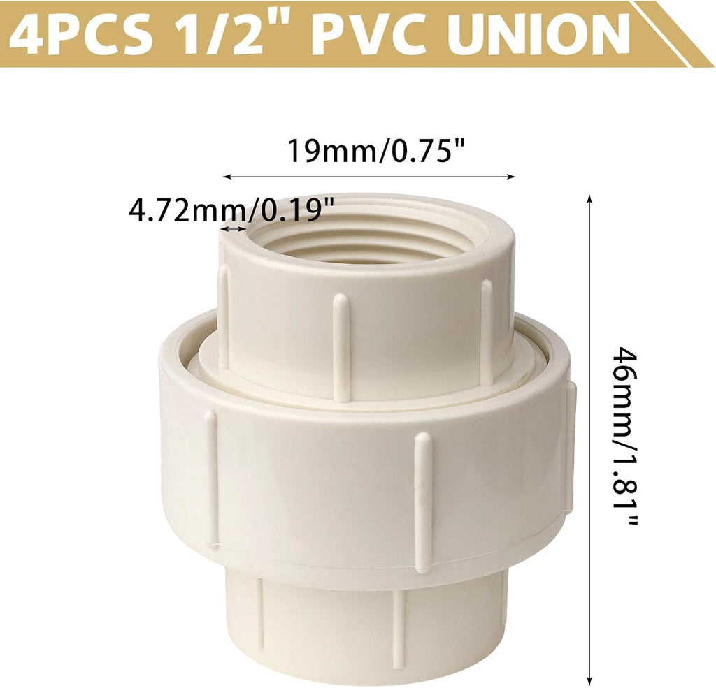 4 Pack 1/2"PVC Union Coupling Pipe Fittings,Female Thread Coupling Adapters