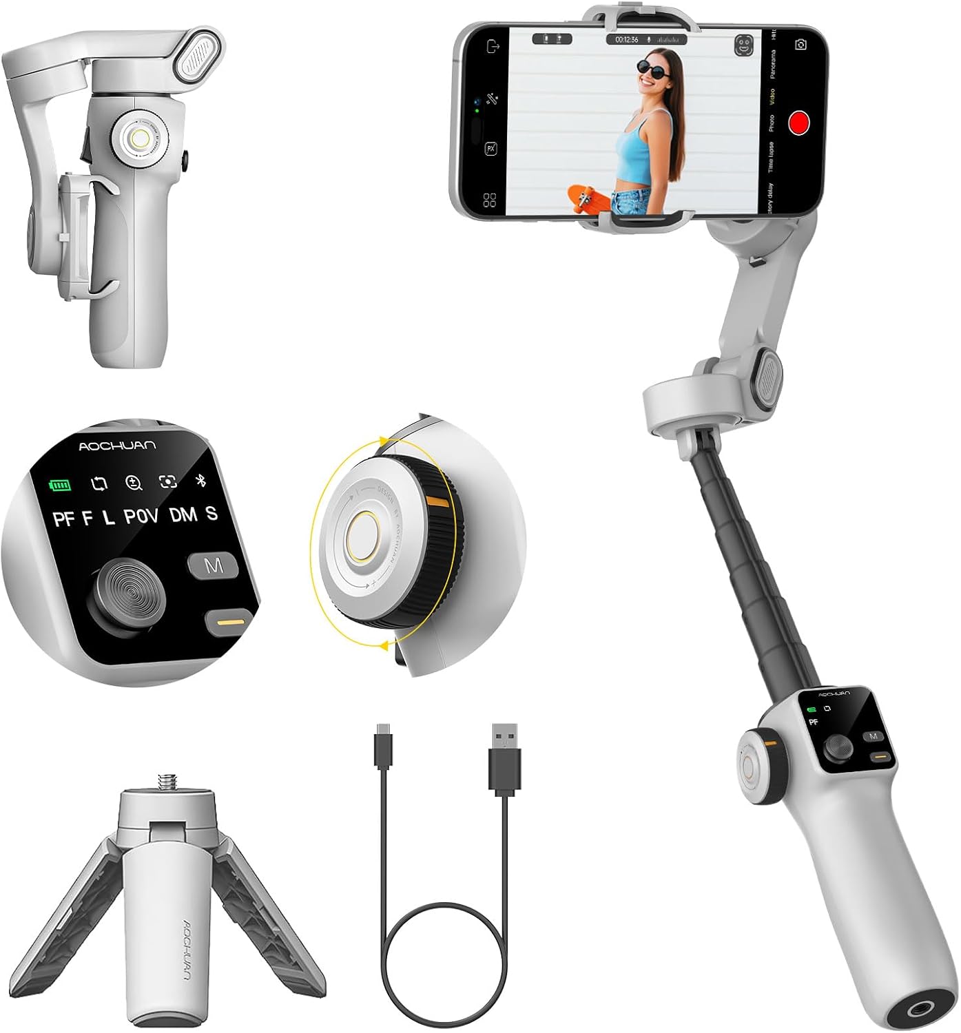 Gimbal Stabilizer for iPhone & Android, 3-Axis Phone Gimbal with OLED Screen, 7.8" Extendable Rod, Face & Gesture