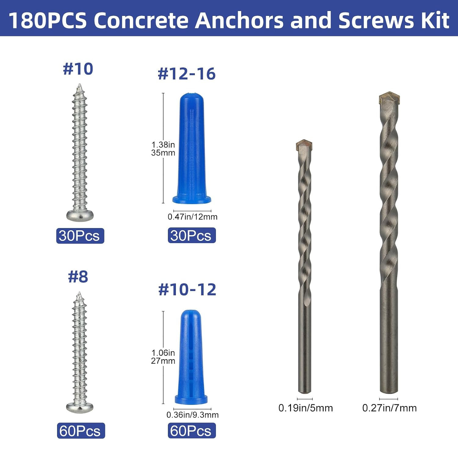 180PCS Conical Concrete Anchors and Screws Assortment Kit, 90PCS Concrete Wall Anchors, 90PCS Self Tapping Screws for