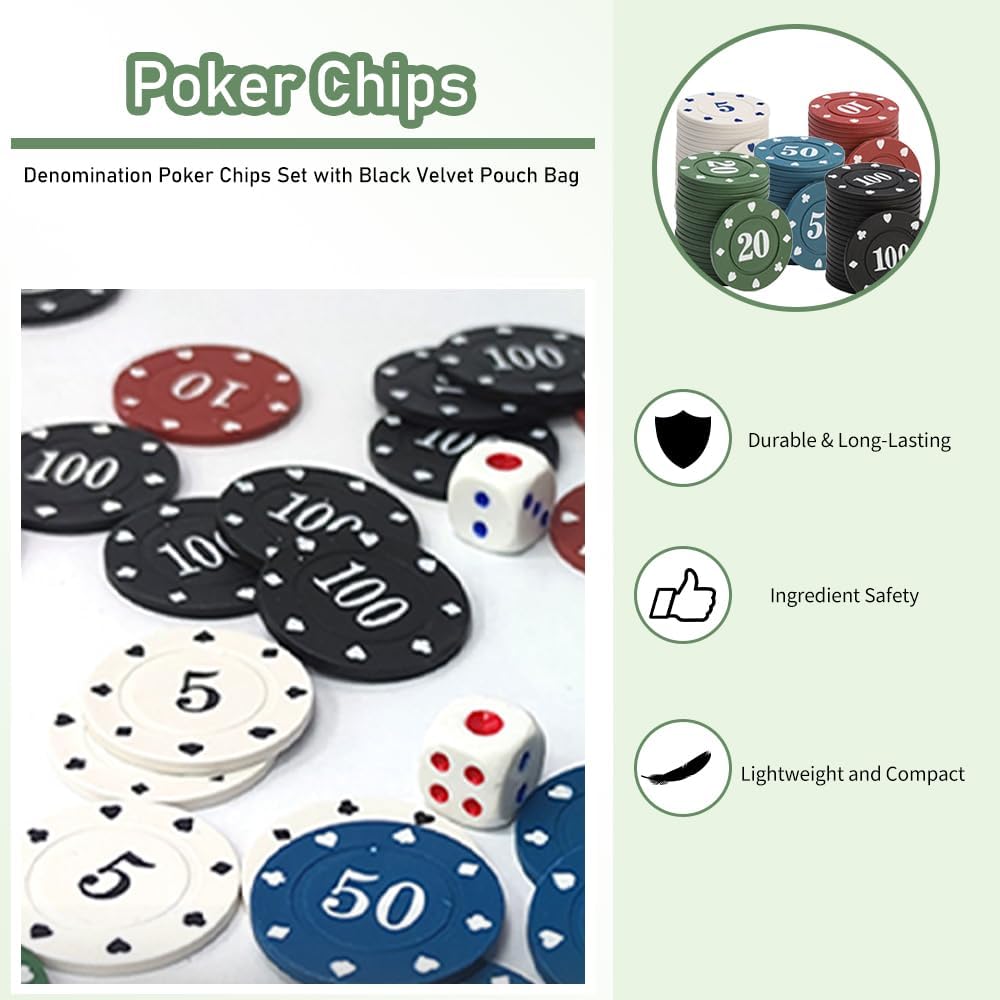 Poker Chips,Denomination Poker Chips Set with Black Velvet Pouch Bag,Plastic Game Chips,Game Night Party