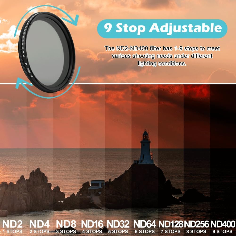 52MM Variable ND2-ND400 Filter, Clip-on Phone Lens ND Filter Kit Multi-Coated Adjustable Neutral Density Filter