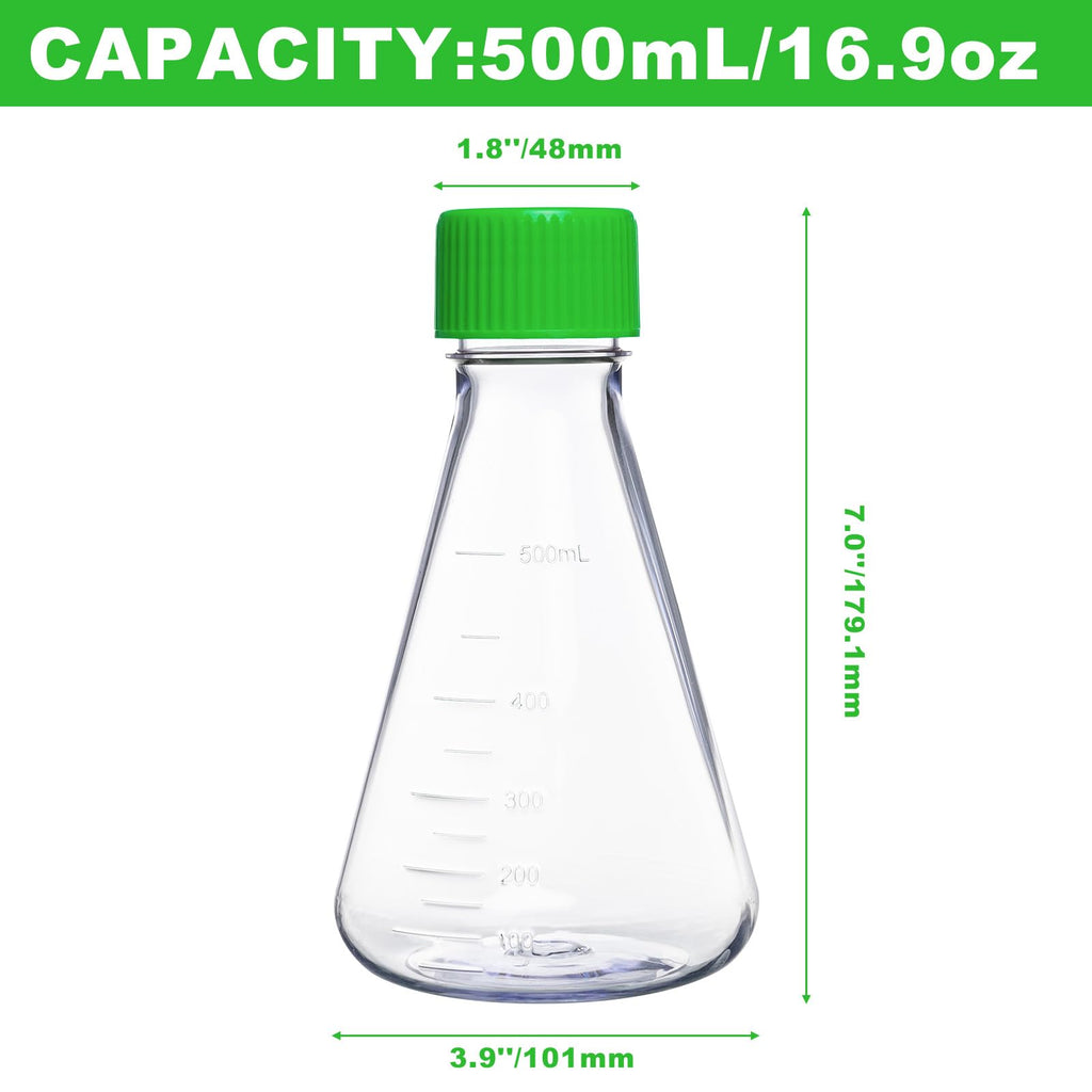 500ml Erlenmeyer Flask, Sterile, Vent Cap, Flat Bottom, PC, 2Pcs