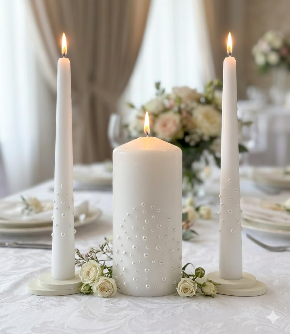 Pearl Cascade Unity Candle Set for Wedding Ceremony & Reception, White Unity Candles 6” Pillar & Two 10” Taper
