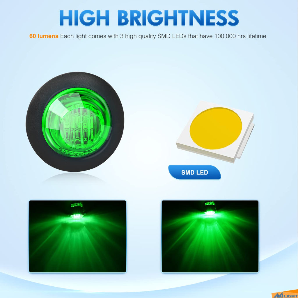 3/4" Round LED Clearance Marker Lights,Green, 10-Pack