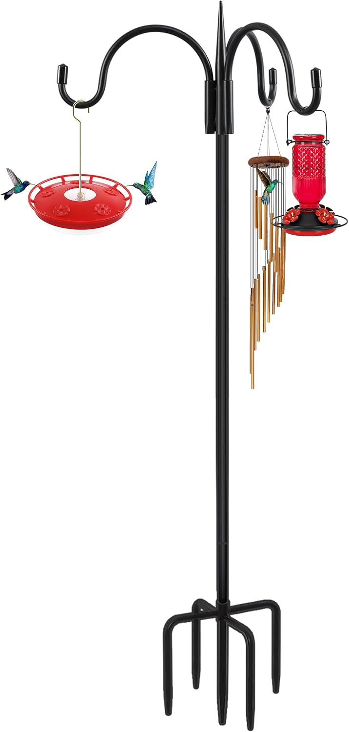 Heavy Duty Shepherds Hook 76" Triple Hooks - Metal 5-Prong Base, Adjustable (44/60/76") - 17lb Capacity Bird Feeder