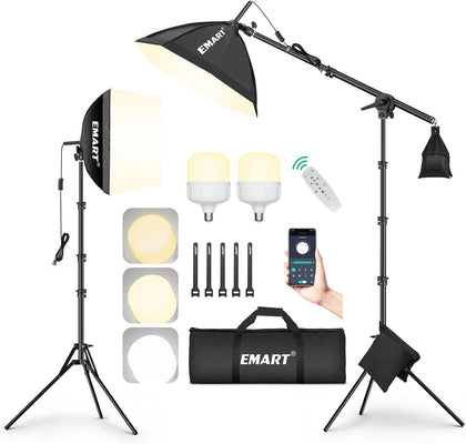 Softbox Photography Lighting Kit, 50W LED 2PCS Soft Box with Boom Arm | Professional Equipment 16"x16" & 20"x20"