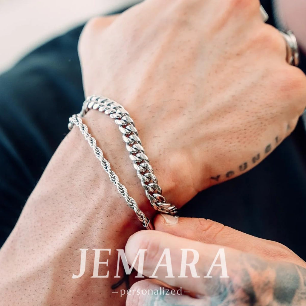 3Pcs Stainless Steel Mens Bracelet | Adjustable Sturdy Silver Cuban Chain Bracelet Set for Men
