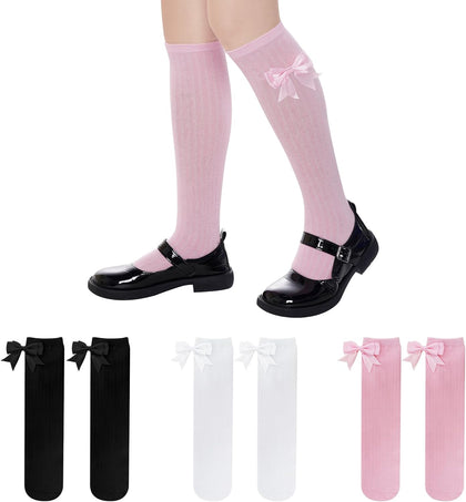 3 Packs Girls Bow Knee High Socks 4 to 12 Year School Uniform Dress Socks