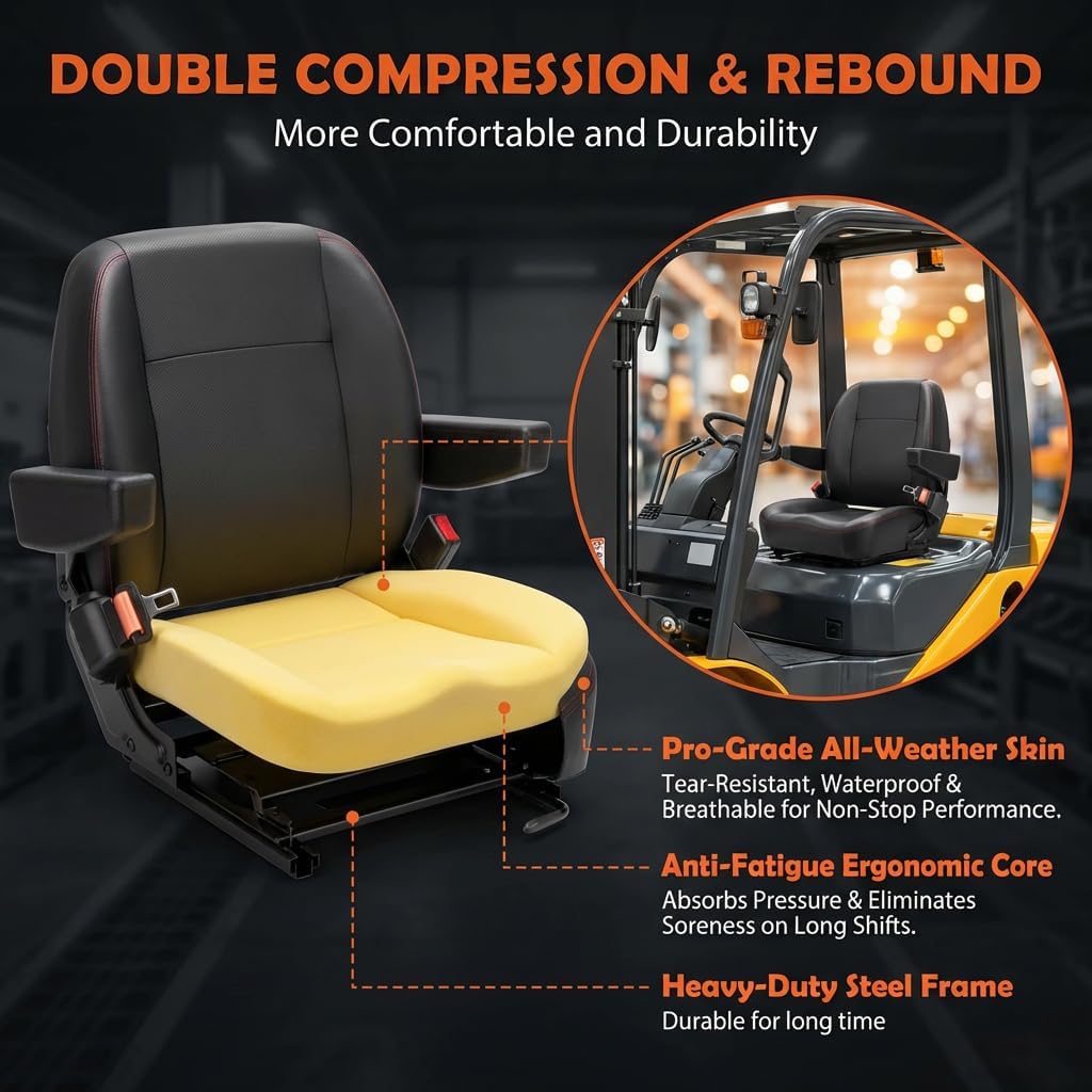Universal Forklift Seat,Tractor Seat,with Micro Switch,Armrest and Safety Belt,for Tractor,Mower,Skid
