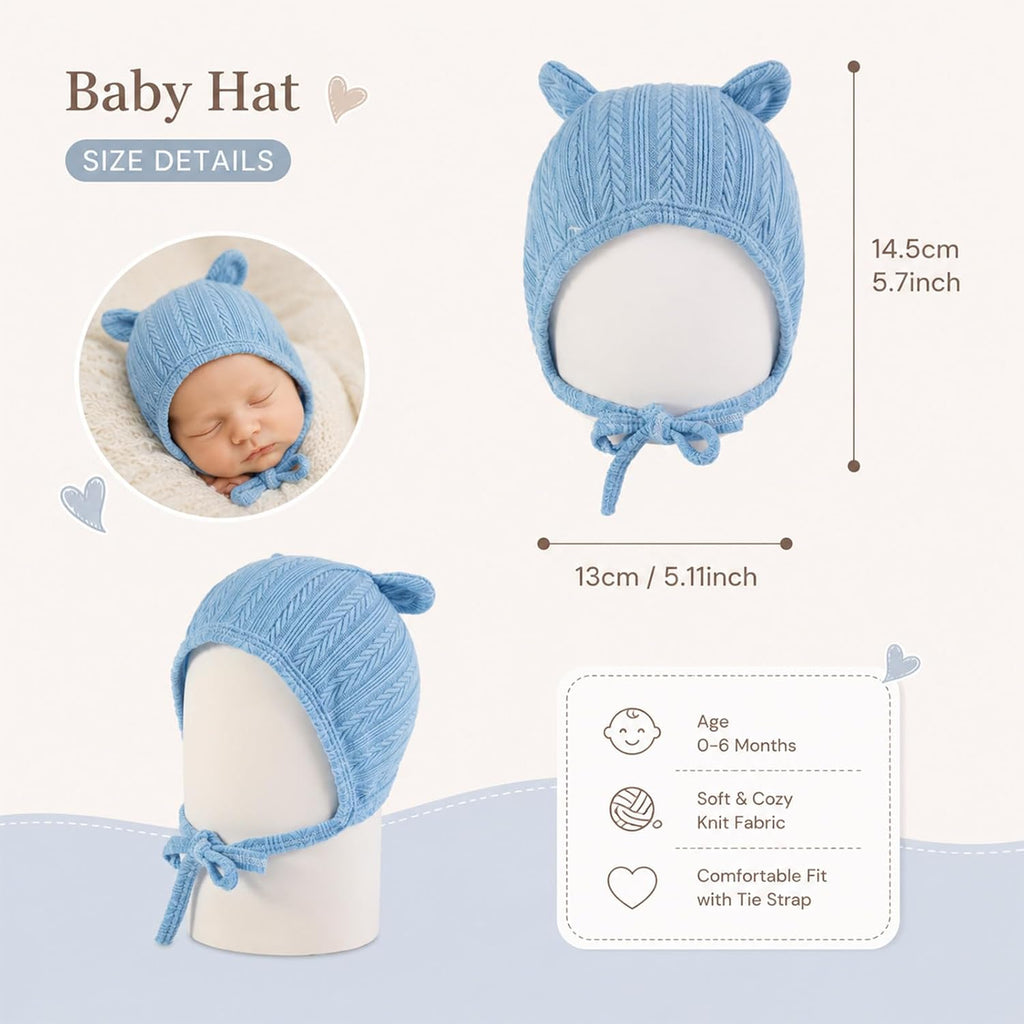 Newborn Hats Baby Beanie Hospital Hat with Ties Preemie 0-3 Months