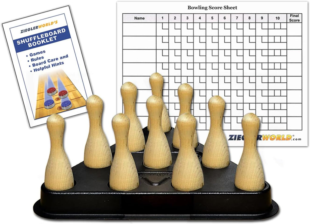 Table Shuffleboard Bowling Brown Pins, Regulation Pinsetter, Rules & Regulation Booklet, Scoring Chart and Erasable Pen