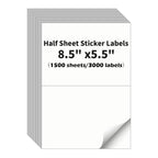 Half Sheet Labels, 2 per Sheet, 1500 Sheets, 3000 Labels, 8.5" x 5.5" Size