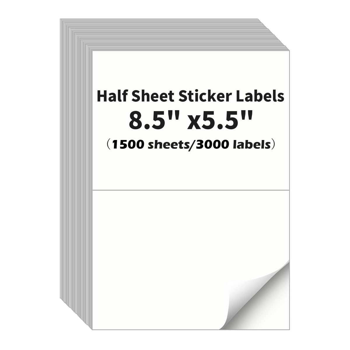 Half Sheet Labels, 2 per Sheet, 1500 Sheets, 3000 Labels, 8.5" x 5.5" Size