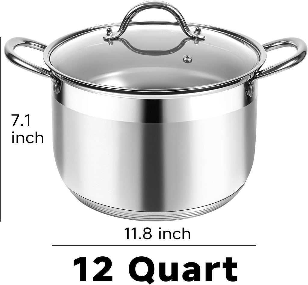 12 Quart Stainless Steel Heavy Duty Stock Pot with Visible Lid | Heavy Duty, Even Heat, Thick Nonstick Base, Deep