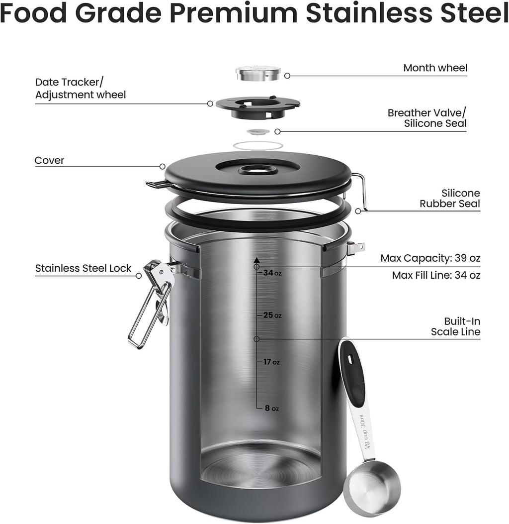 Coffee Canister,39OZ, 2.2lbs,Large Airtight Stainless Steel Container | Kitchen Food Storage Jars for Beans,Ground