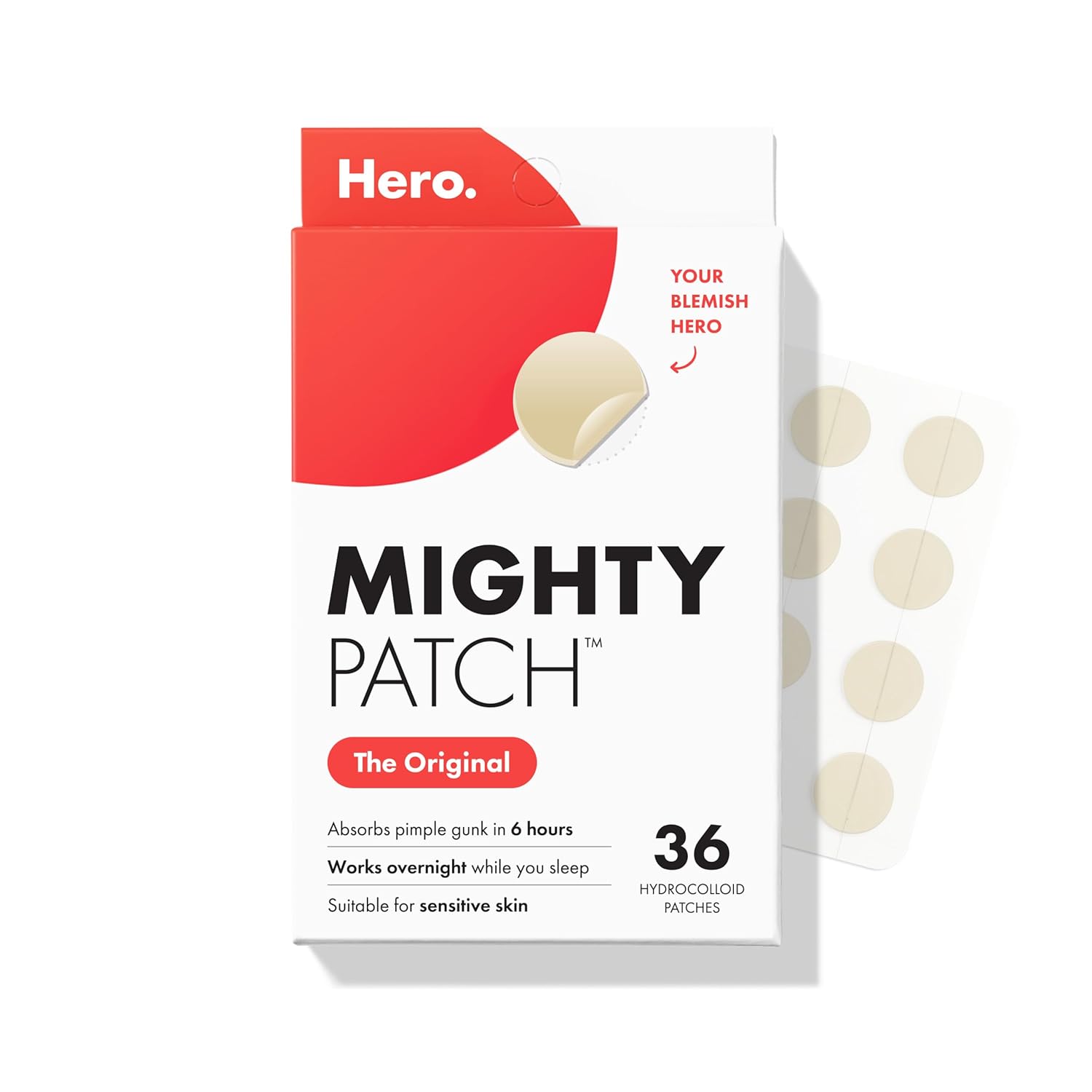 Hero Cosmetics Original Nighttime Acne Pimple Patches, 36 Ct | #1 Hydrocolloid Acne Patches, Shrinking Zits &